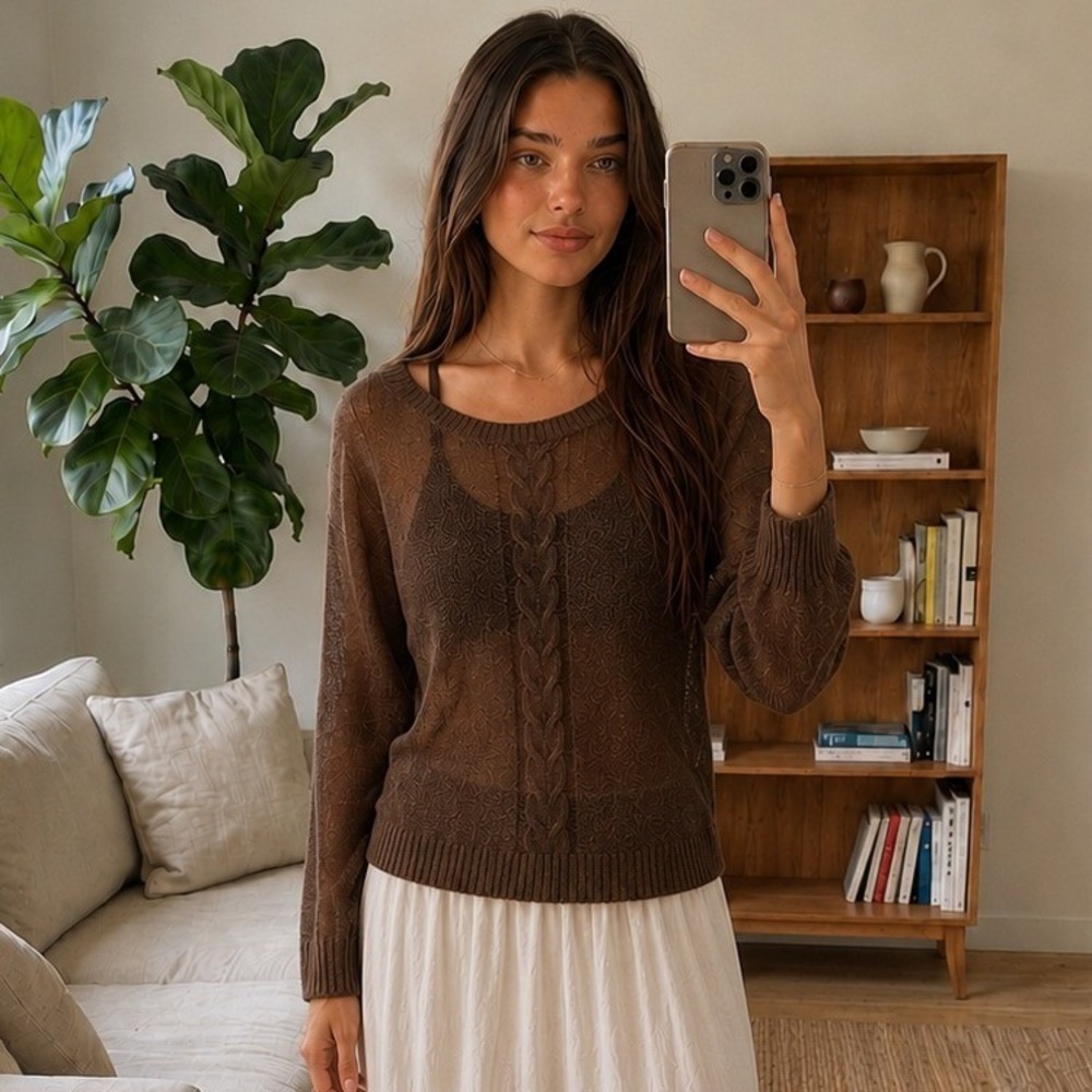 Vintage Womens Sweater‎ M Brown Sheer Cable Knit Lightweight Long Sleeve Layer